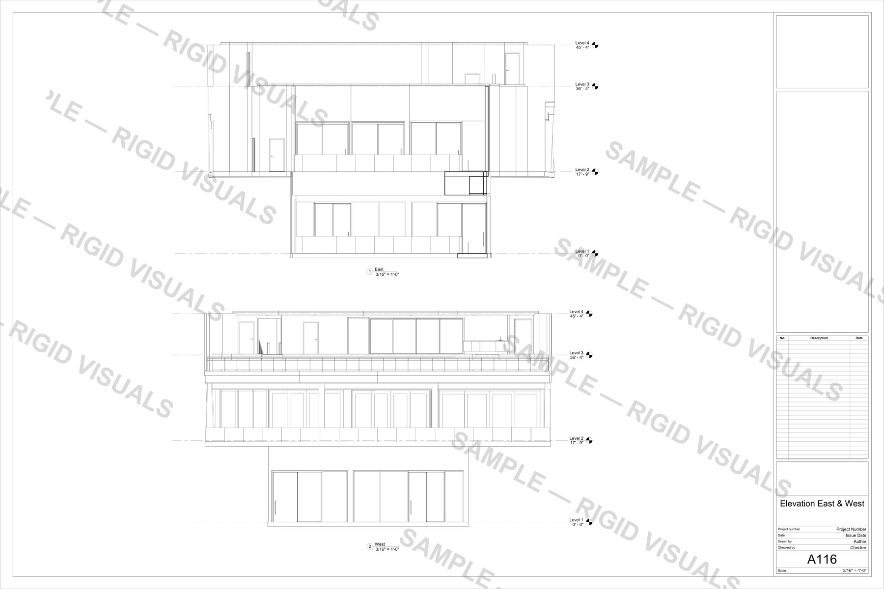 Exterior building elevation, east and west