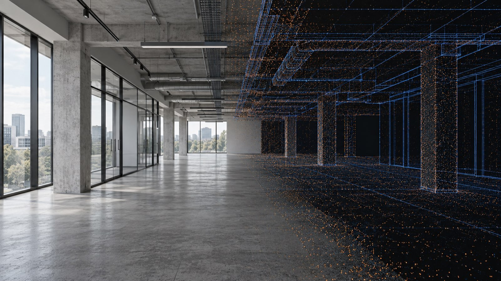 An empty commercial office floor where the right half dissolves into a 3D point cloud scan, showing the measured geometry of columns, ceiling ducts, and window bays.