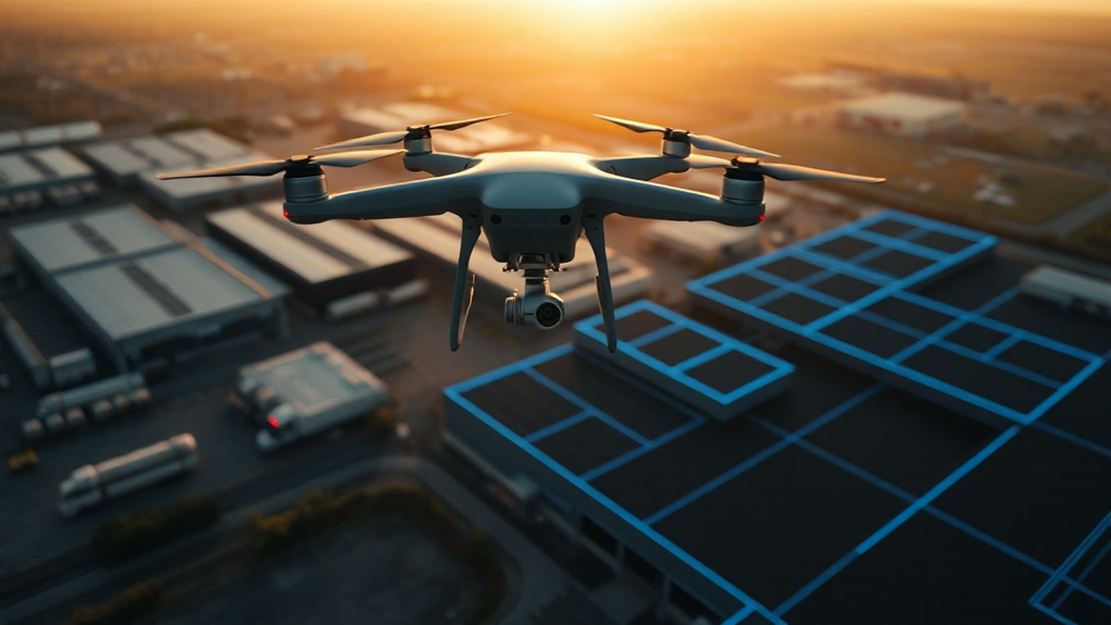 A professional quadcopter hovering above a commercial industrial property at golden hour, the site below transitioning into a dark aerial survey scan of blue wireframe rooflines and orange survey points.