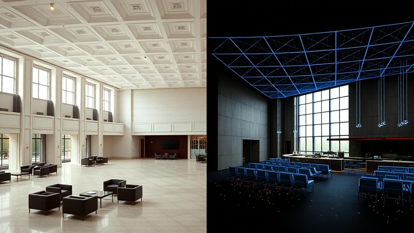 A bright empty hotel lobby whose right third becomes a dark 3D laser scan, the ceiling and seating drawn as blue wireframe edges over black with amber scan points across the floor.