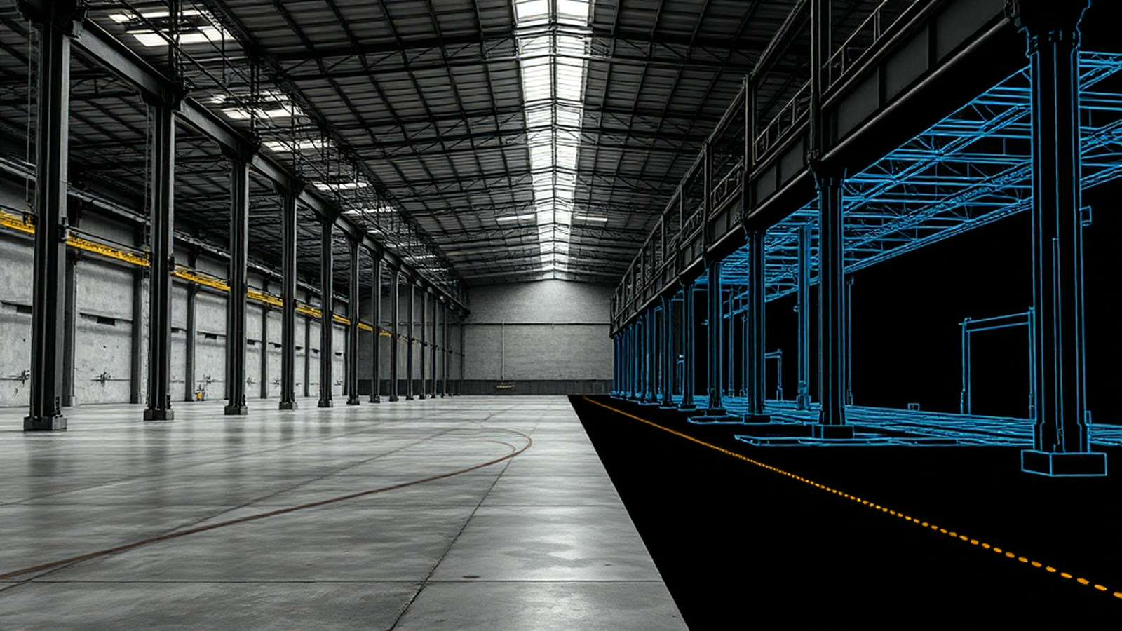 An empty warehouse interior whose right third becomes a dark 3D laser scan, the same steel columns and roof joists drawn as blue wireframe edges with a line of amber scan points along the seam.