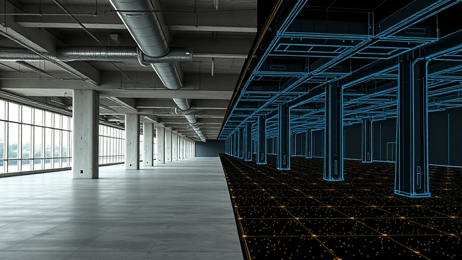 A long empty office floor split down the middle: photographed concrete columns and daylight on the left, the same floor as a dark blue wireframe scan with orange scan points on the right.