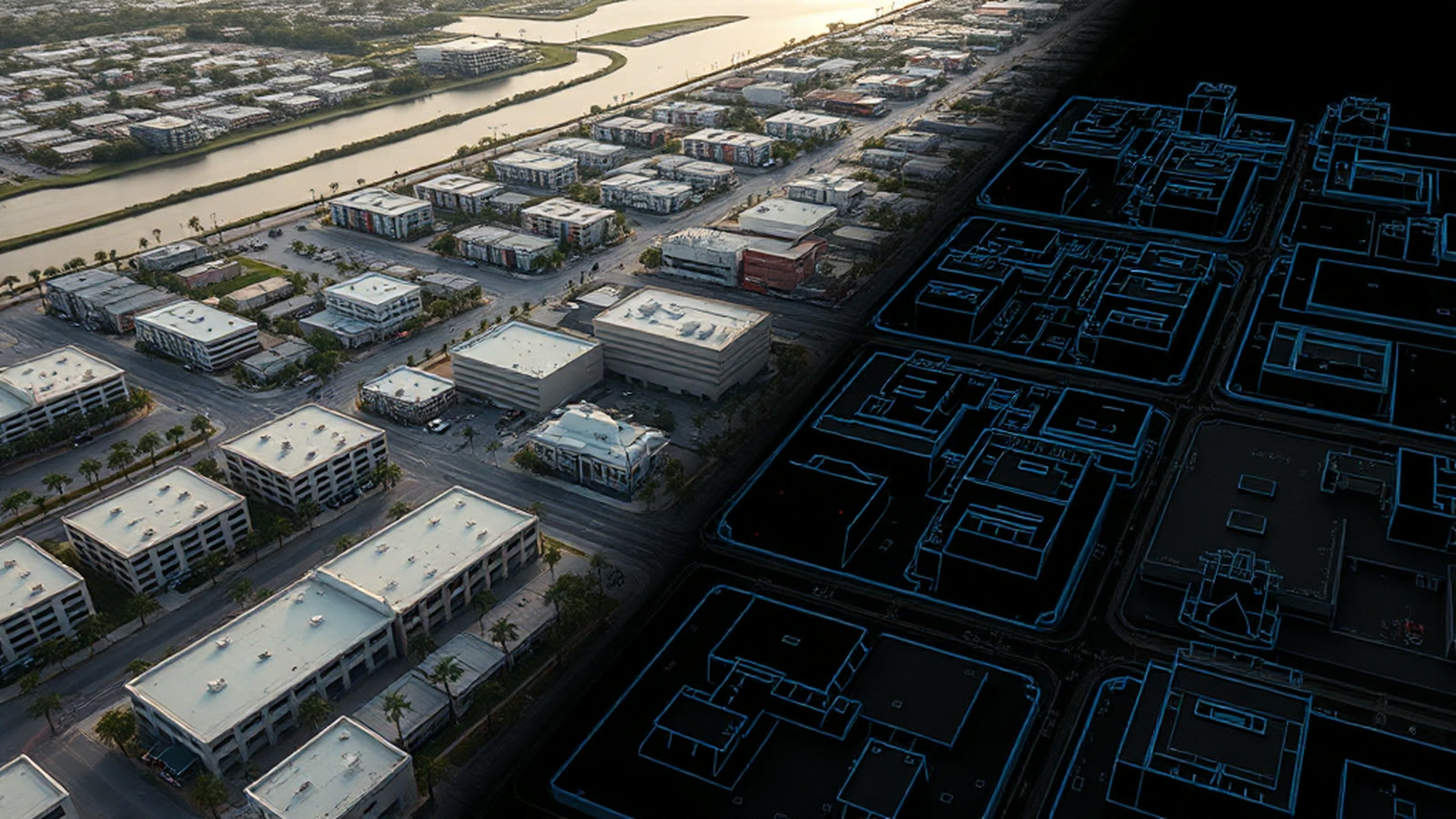 An aerial view of a South Florida commercial district in late light whose right third becomes a dark 3D scan, the same buildings and streets drawn as blue wireframe edges with orange scan points.