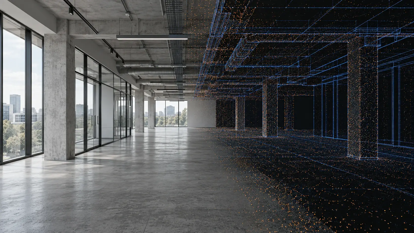 A commercial floor plate shown half as a photograph and half as a laser-scan point cloud of the same space